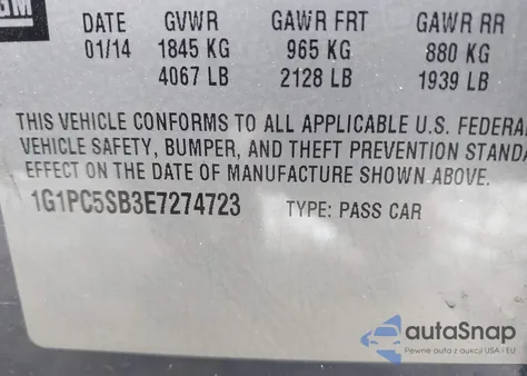 2014 Chevrolet Cruze 1Lt Auto z USA, uszkodzony, nr VIN 1G1PC5SB3E7274723